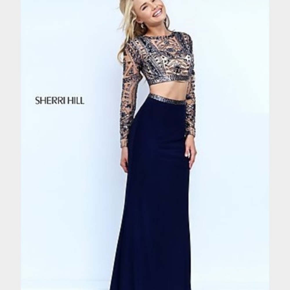 Sherri Hill Navy and Mesh Embellished Dress